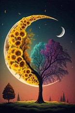 Zon-Maan-Zonnebloemen-Boom Landschap